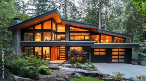 Minimalist home with sleek lines, large entrance, and natural light reflecting on the exterior.