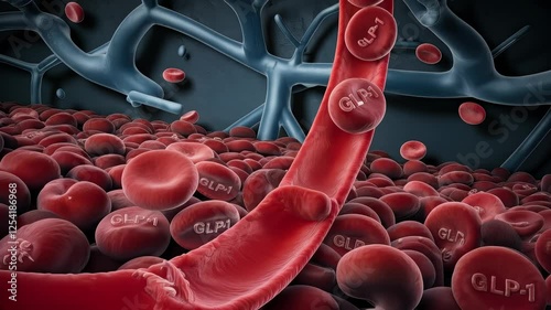 GLP-1 molecules combining with blood cells and integrating into the metabolism.	