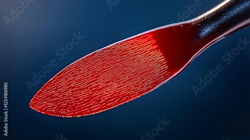 Close-up of a vibrant red paintbrush with textured bristles against a blurred blue background