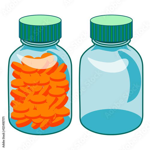 Two jars with medicines and an empty one without a background