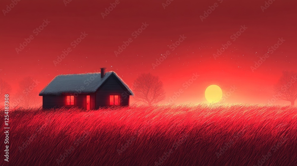 A serene landscape featuring a cozy house at sunset, surrounded by vibrant red grass. A serene landscape featuring a cozy house at sunset, surrounded by vibrant red grass.