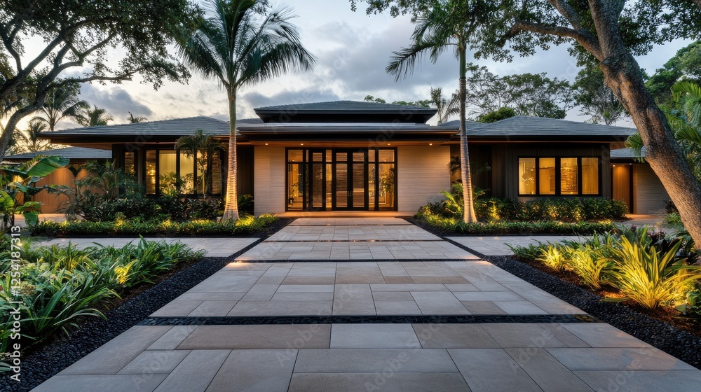 Modern tropical courtyard with sleek stone tiles, vibrant greenery, and warm lighting. Modern tropical courtyard with sleek stone tiles, vibrant greenery, and warm lighting.