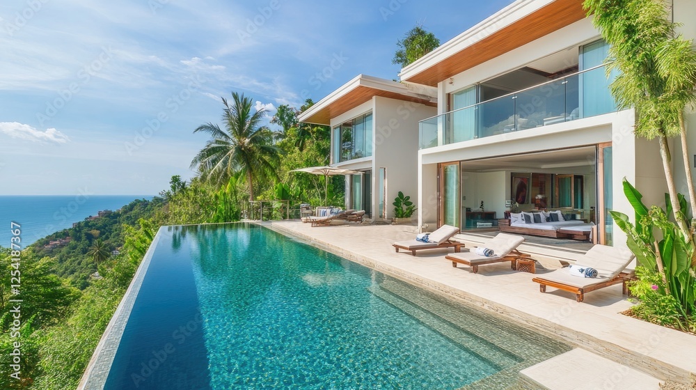 Fototapeta premium Modern villa with infinity pool, glass walls, and perfect sunlit exteriors.