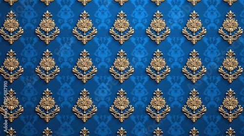 Elegant blue and gold wall design featuring ornate floral motifs in a symmetrical pattern