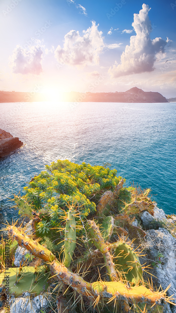 Awesome spring view on the the cape Milazzo panorama of nature reserve.