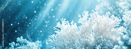 Underwater scene with sunlit white coral and shimmering particles creating a serene, ethereal ambiance beneath the ocean's surface.