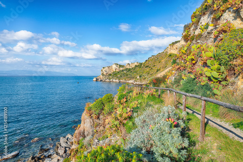 Obraz na płótnie Stunning spring view on the the cape Milazzo panorama of nature reserve Piscina di Venere. w salonie