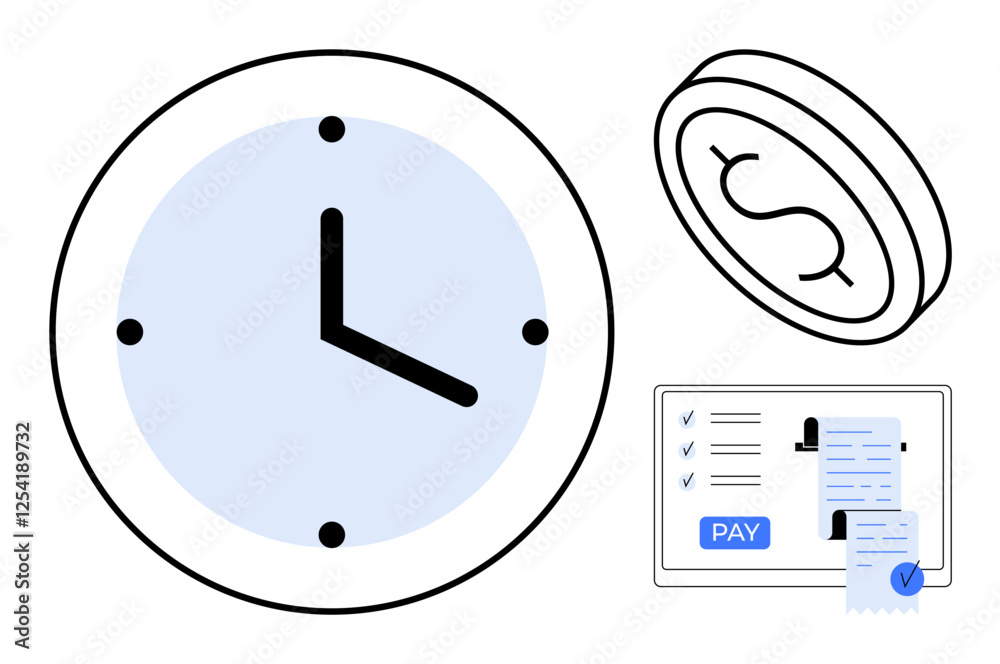 Clock representing time, coin symbolizing money, and digital payment screen with a pay button and receipts. Ideal for time-saving, financial planning, efficiency, budgeting, online transactions Clock representing time, coin symbolizing money, and digital payment screen with a pay button and receipts. Ideal for time-saving, financial planning, efficiency, budgeting, online transactions