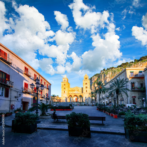 Gorgeous evening view on Cathedral-Basilica of Cefalu or Duomo di Cefalu and square Piazza del Duomo.