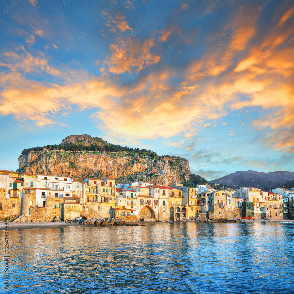 Picturesque evening cityscape of Cefalu city. Popular travel destination of Mediterranean sea.