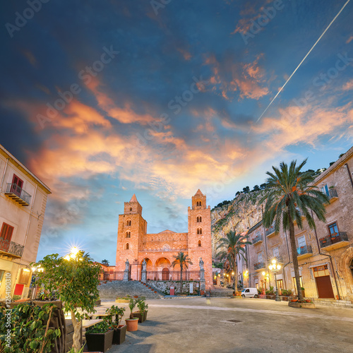 Beautiful evening view on Cathedral-Basilica of Cefalu or Duomo di Cefalu and square Piazza del Duomo.
