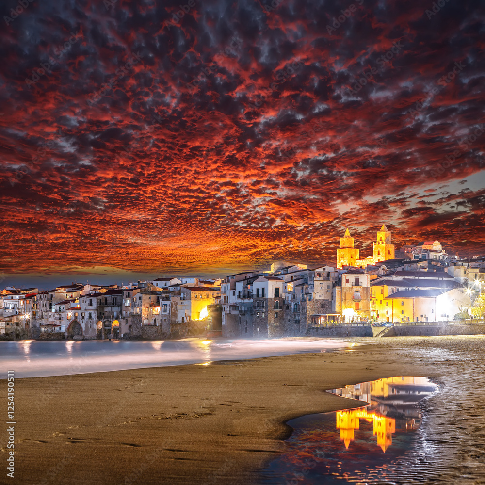 Dramatic evening cityscape of Cefalu city. Popular travel destination of Mediterranean sea.