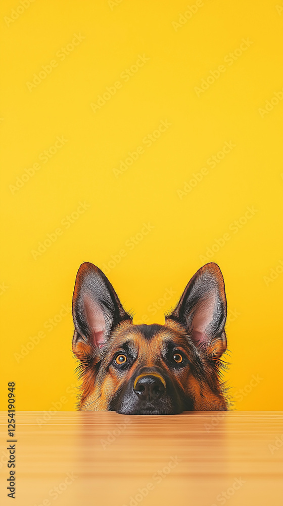 Obraz premium German Shepherd dog portrait with ears up on yellow background sitting at table