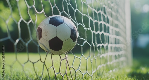 Soccer ball in net, goal, field, grass.