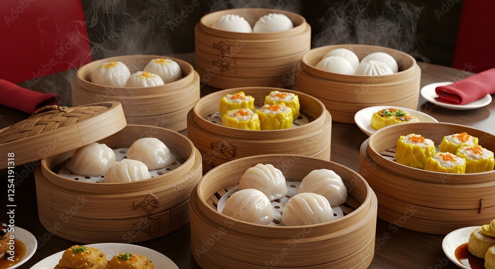 Fototapeta premium Variety of Steaming Dim Sum in Bamboo Baskets, Ready to Enjoy