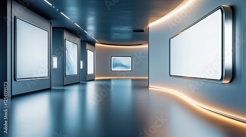 digital art gallery with curved walls and illuminated floating frames, modern abstract space for exhibitions