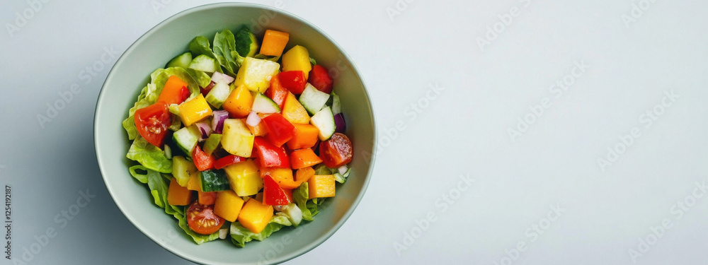 A vibrant bowl of fresh salad with colorful vegetables like tomatoes, cucumber, bell peppers, and leafy greens, set against a minimalist light background. A vibrant bowl of fresh salad with colorful vegetables like tomatoes, cucumber, bell peppers, and leafy greens, set against a minimalist light background.
