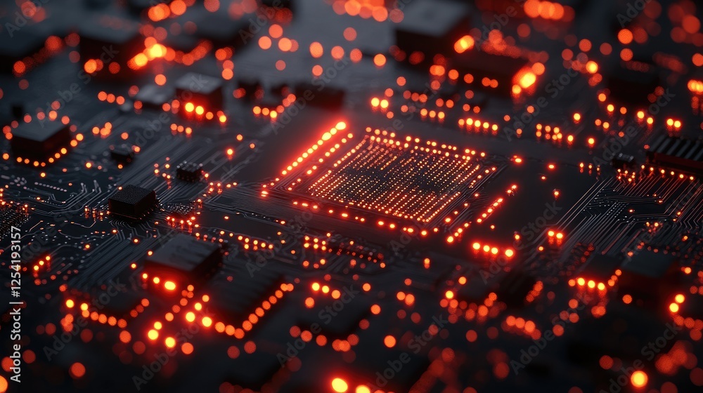 Close-up of a circuit board illuminated with glowing orange lights. Close-up of a circuit board illuminated with glowing orange lights.