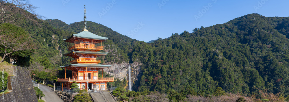 Pagoda with Nachi Falls in the background, Wakayama Prefecture, Japan Pagoda with Nachi Falls in the background, Wakayama Prefecture, Japan