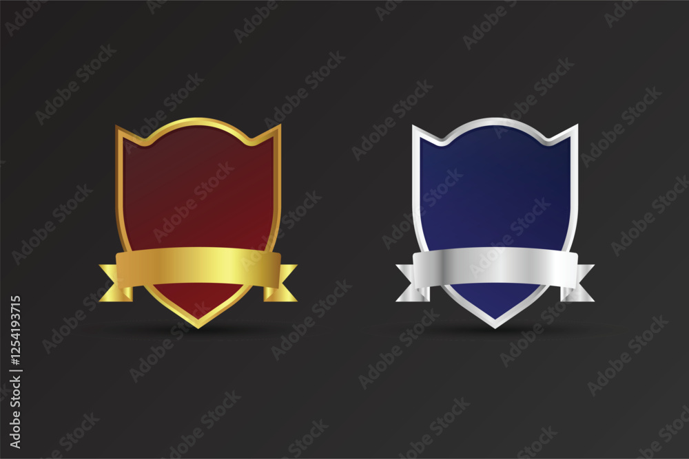 Blank shield and badge element on a dark background. Special police and security badge design. Luxurious golden and silver badge with red and blue colors. Shield vector with ribbons and text space. Blank shield and badge element on a dark background. Special police and security badge design. Luxurious golden and silver badge with red and blue colors. Shield vector with ribbons and text space.