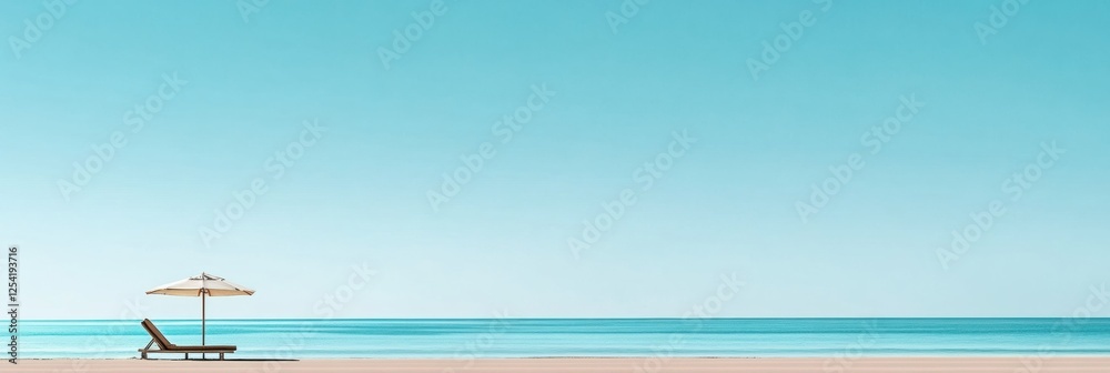Naklejka premium Relaxing beach retreat with a lounge chair and umbrella by calm ocean waves under a clear blue sky. Generative AI