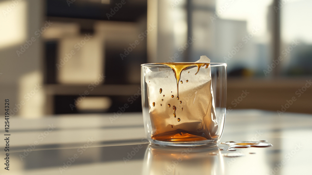Pure Brew: Drip Coffee Bag Steeping in a Glass on a White Table

