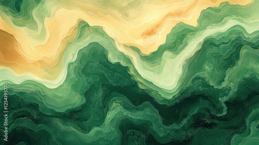 Obraz premium Abstract swirling patterns in green and gold hues, evoking natural landscapes.