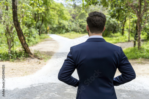 businessman in suit stands at crossroads in lush green forest, contemplating his future