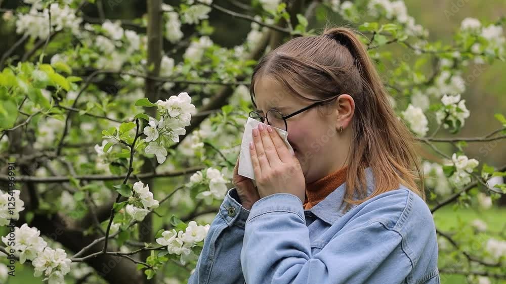 Seasonal allergy challenges affecting young woman, sneezing near blossoming tree in park during springtime while holding tissue, experiencing typical allergic reaction symptoms
Seasonal allergy challenges affecting young woman, sneezing near blossoming tree in park during springtime while holding tissue, experiencing typical allergic reaction symptoms