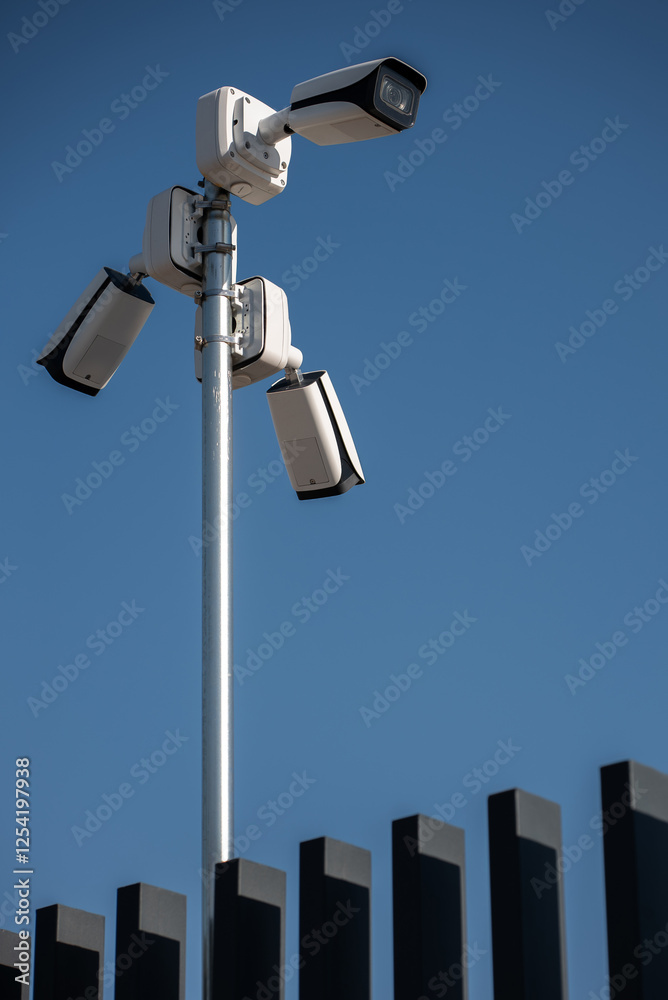 Security cameras mounted on pole monitoring surroundings in clear blue sky, video surveillance in city concept Security cameras mounted on pole monitoring surroundings in clear blue sky, video surveillance in city concept
