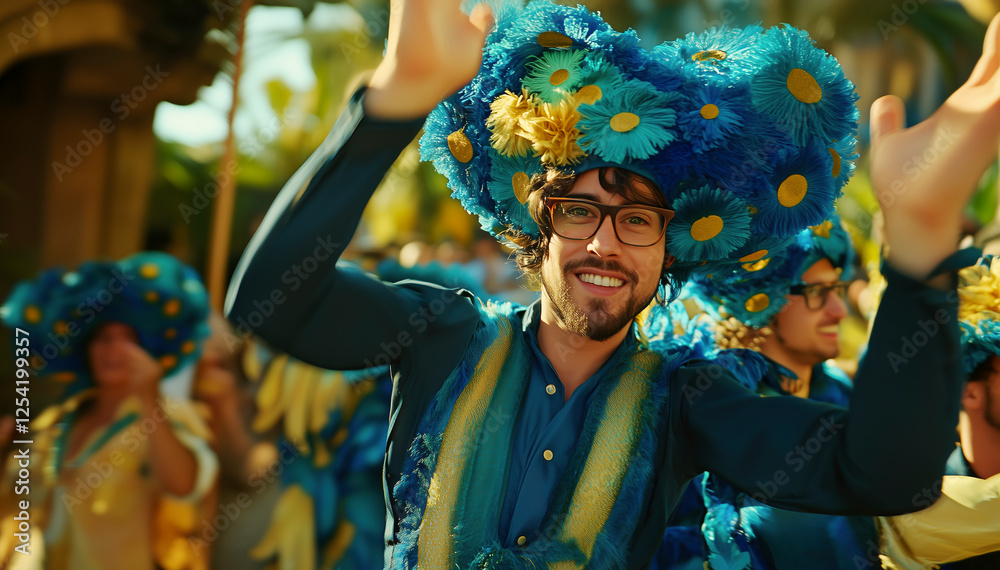 Obraz premium A vibrant celebration: Man in a flower hat smiles joyfully during a cultural parade. The image captures the energy and happiness of a traditional festival.