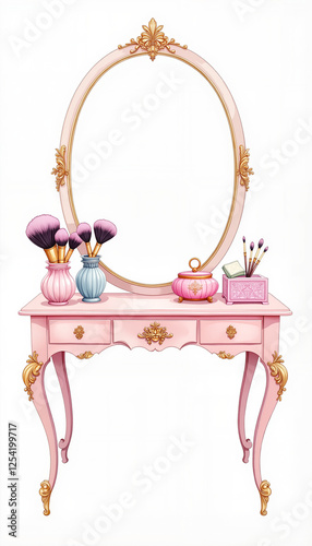 Elegant vanity table with makeup brushes and pastel decor, beauty concept