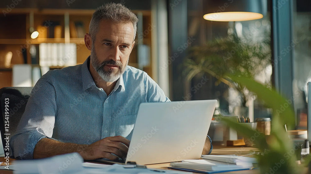 professional man working on laptop in modern office environment, focused and engaged professional man working on laptop in modern office environment, focused and engaged