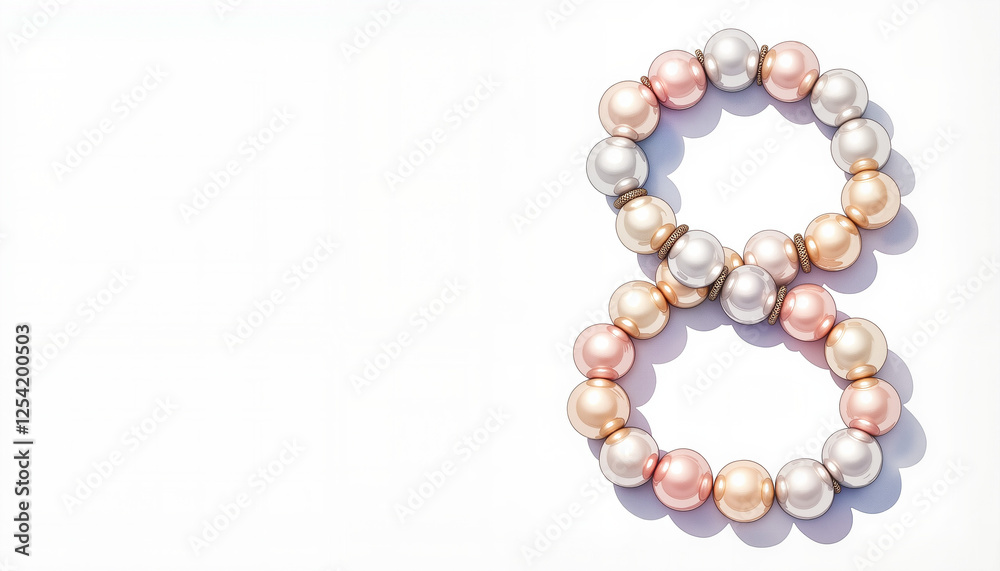 Elegant pearl necklace arranged as number 8 on white background with copy space, celebration Elegant pearl necklace arranged as number 8 on white background with copy space, celebration