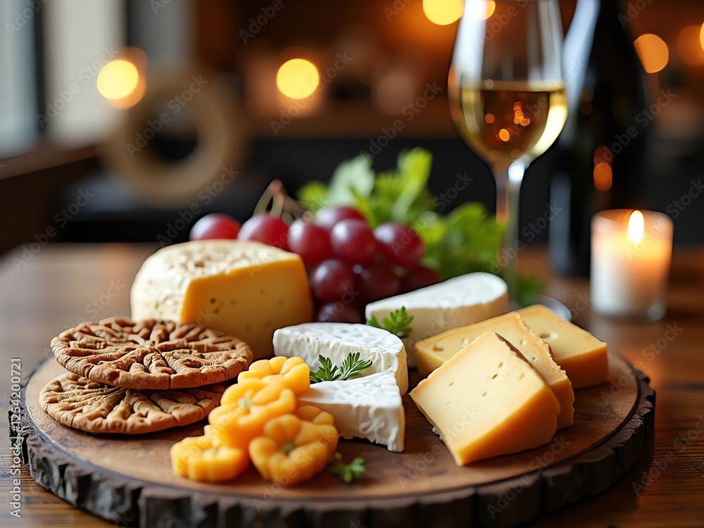 A beautifully arranged cheese board with a variety of cheeses, crackers, and grapes, framed by a wine glass and candlelight, offering space for a wine or charcuterie promotion A beautifully arranged cheese board with a variety of cheeses, crackers, and grapes, framed by a wine glass and candlelight, offering space for a wine or charcuterie promotion