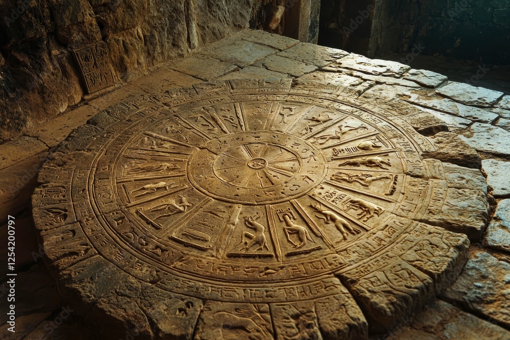 Zodiac wheel carved on ancient stone floor. Zodiac wheel carved on ancient stone floor.