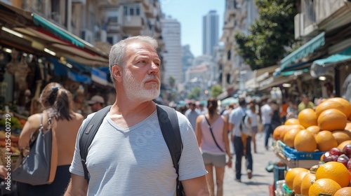 Senior tourist explores bustling city market