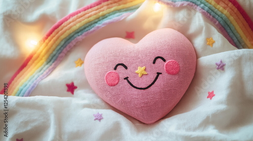 Cute plush heart with a smiling face on a soft blanket with rainbow and star decorations, Valentine’s Day love and happiness concept.