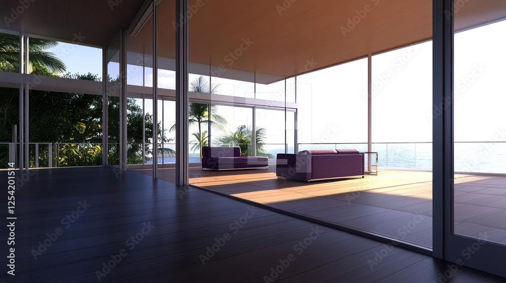 Fototapeta premium Modern House Interior With Ocean View