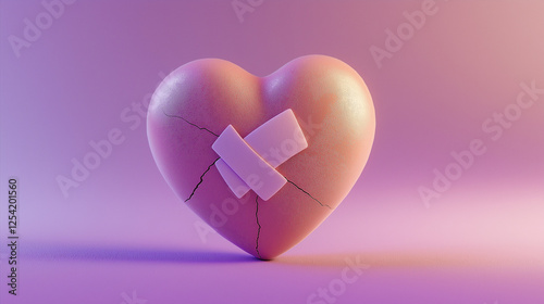 Cracked heart with bandages on a soft gradient background, symbol of emotional healing and love recovery concept.