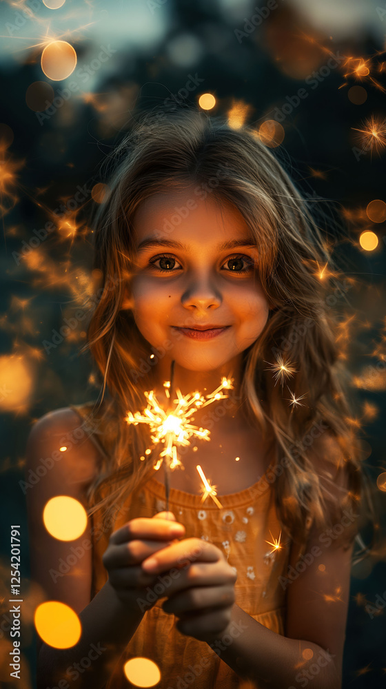 Joyful girl enjoying a sparkler at dusk with bright lights reflecting her excitement Joyful girl enjoying a sparkler at dusk with bright lights reflecting her excitement