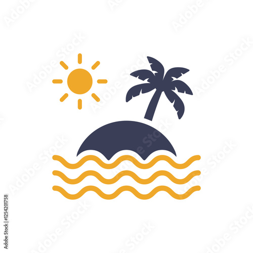 A vibrant holiday icon that beautifully represents the essence of summer travel with a radiant sun, a lush palm tree, and gentle waves, making it ideal for all vacationthemed designs