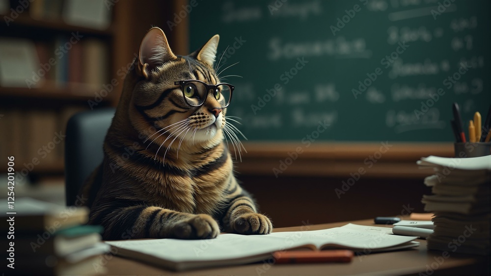 A bespectacled cat sits at a desk, surrounded by paperwork and pens, calculating profit margins on a chalkboard covered in feline scribbles. A bespectacled cat sits at a desk, surrounded by paperwork and pens, calculating profit margins on a chalkboard covered in feline scribbles.