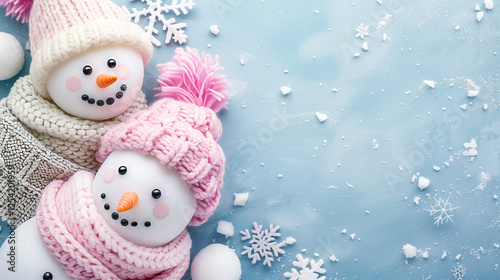 Two Snowmen with Pink Accessories on Blue Background. Festive winter valentine composition with snowmen in cozy knitwear for holiday themes, greeting cards, seasonal designs. Blank area for text