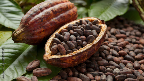Close-Up of Cocoa Pod Split Open with Beans Surrounded by Cocoa Seeds on Green Leaves