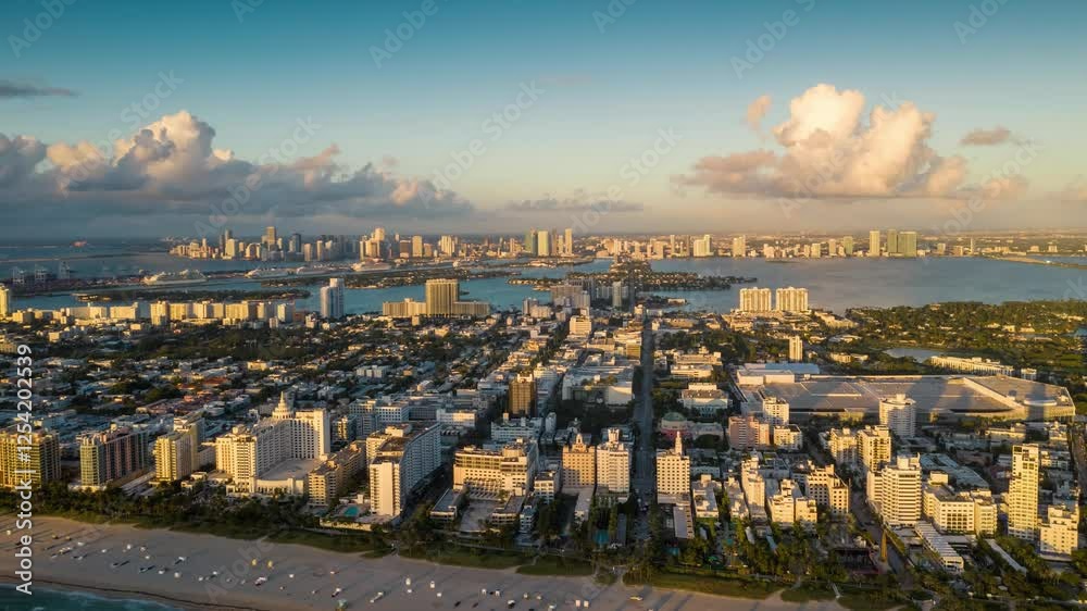 MIAMI, UNITED STATES - FEBRUARY 8, 2025: Aerial view of Miami Beach featuring beautiful coastal skyline and vibrant city life MIAMI, UNITED STATES - FEBRUARY 8, 2025: Aerial view of Miami Beach featuring beautiful coastal skyline and vibrant city life