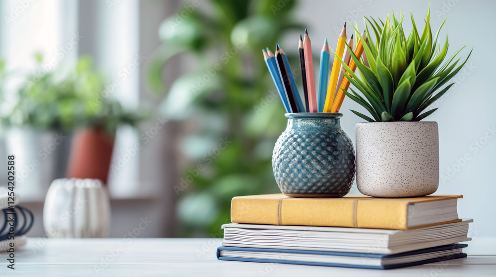 Elegant and minimalistic desk arrangement showcases Knowledge Day cheer with notebooks and vibrant pencils isolated against a fresh white background Elegant and minimalistic desk arrangement showcases Knowledge Day cheer with notebooks and vibrant pencils isolated against a fresh white background
