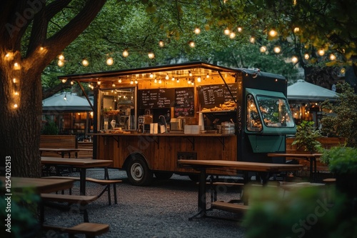 Food truck experience urban park evening ambiance outdoor dining cozy vibe