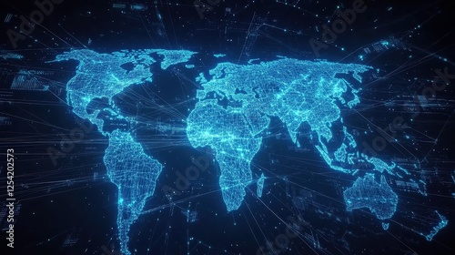 Glowing world map with interconnected lines representing global internet connections, digital data streams flowing across continents, futuristic technology and communication concept, dark blue backgro