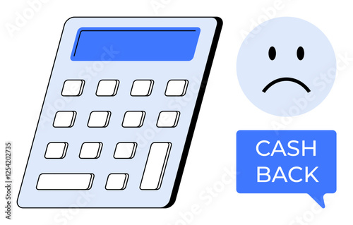 Blue and white calculator next to sad face emotion and CASH BACK text bubble. Ideal for finance, budgeting, cashback, disappointment, financial expectations, refunds, savings, abstract line flat